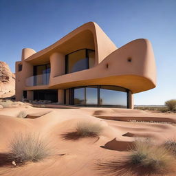 A remarkable architectural masterpiece constructed of sandstone, nestled within the wide expanses of a desert, demonstrating avant-garde design approaches.