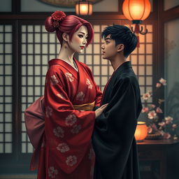 An intimate and atmospheric scene set in the private quarters of Yoshiwara, featuring a nape-length magenta-haired beautiful male courtesan dressed in an ornate crimson red kimono adorned with delicate camellia patterns