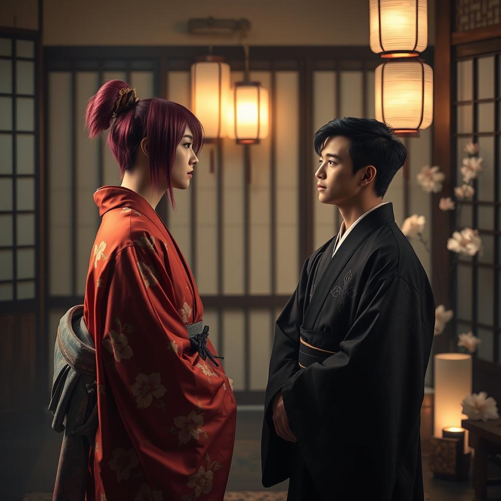 An intimate and atmospheric scene set in the private quarters of Yoshiwara, featuring a nape-length magenta-haired beautiful male courtesan dressed in an ornate crimson red kimono adorned with delicate camellia patterns