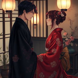 An intimate and atmospheric scene set in the private quarters of Yoshiwara, featuring a nape-length magenta-haired beautiful male courtesan dressed in an ornate crimson red kimono adorned with delicate camellia patterns