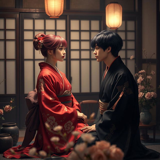 An intimate and atmospheric scene set in the private quarters of Yoshiwara, featuring a nape-length magenta-haired beautiful male courtesan dressed in an ornate crimson red kimono adorned with delicate camellia patterns