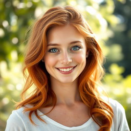 A realistic portrait of a 20-year-old German woman with striking ginger hair, styled in loose waves that cascade over her shoulders