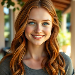 A realistic portrait of a 20-year-old German woman with striking ginger hair, styled in loose waves that cascade over her shoulders