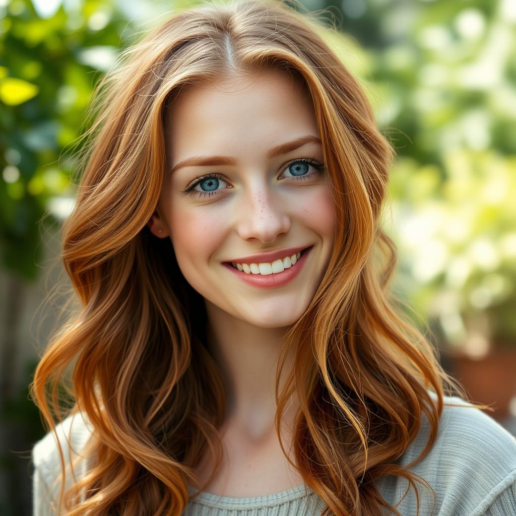 A realistic portrait of a 20-year-old German woman with striking ginger hair, styled in loose waves that cascade over her shoulders