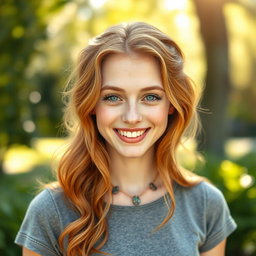 A realistic portrait of a 20-year-old German woman with striking ginger hair, styled in loose waves that cascade over her shoulders