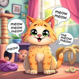 A cute and whimsical illustration of a talking cat, with vibrant colors and a cartoonish style, as it playfully chats with the viewer
