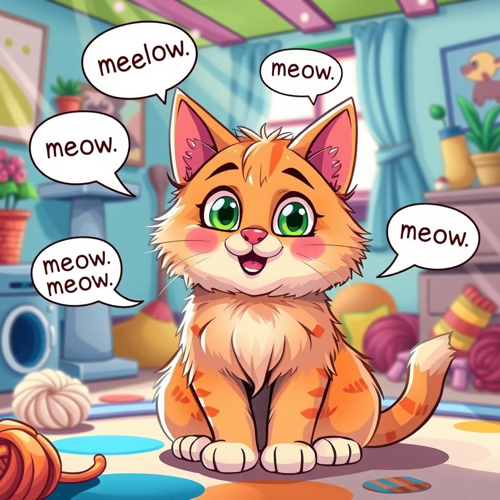 A cute and whimsical illustration of a talking cat, with vibrant colors and a cartoonish style, as it playfully chats with the viewer