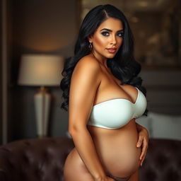 A beautiful, voluptuous brunette with thick curves, showcasing her confidence and allure
