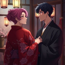 An anime-styled illustration depicting an intimate and atmospheric scene set in a private quarters in Yoshiwara