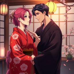 An anime-styled illustration depicting an intimate and atmospheric scene set in a private quarters in Yoshiwara