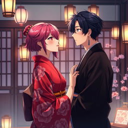 An anime-styled illustration depicting an intimate and atmospheric scene set in a private quarters in Yoshiwara