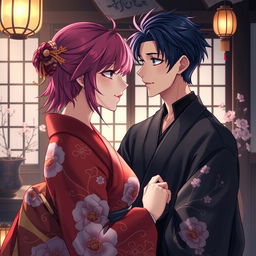 An anime-styled illustration depicting an intimate and atmospheric scene set in a private quarters in Yoshiwara