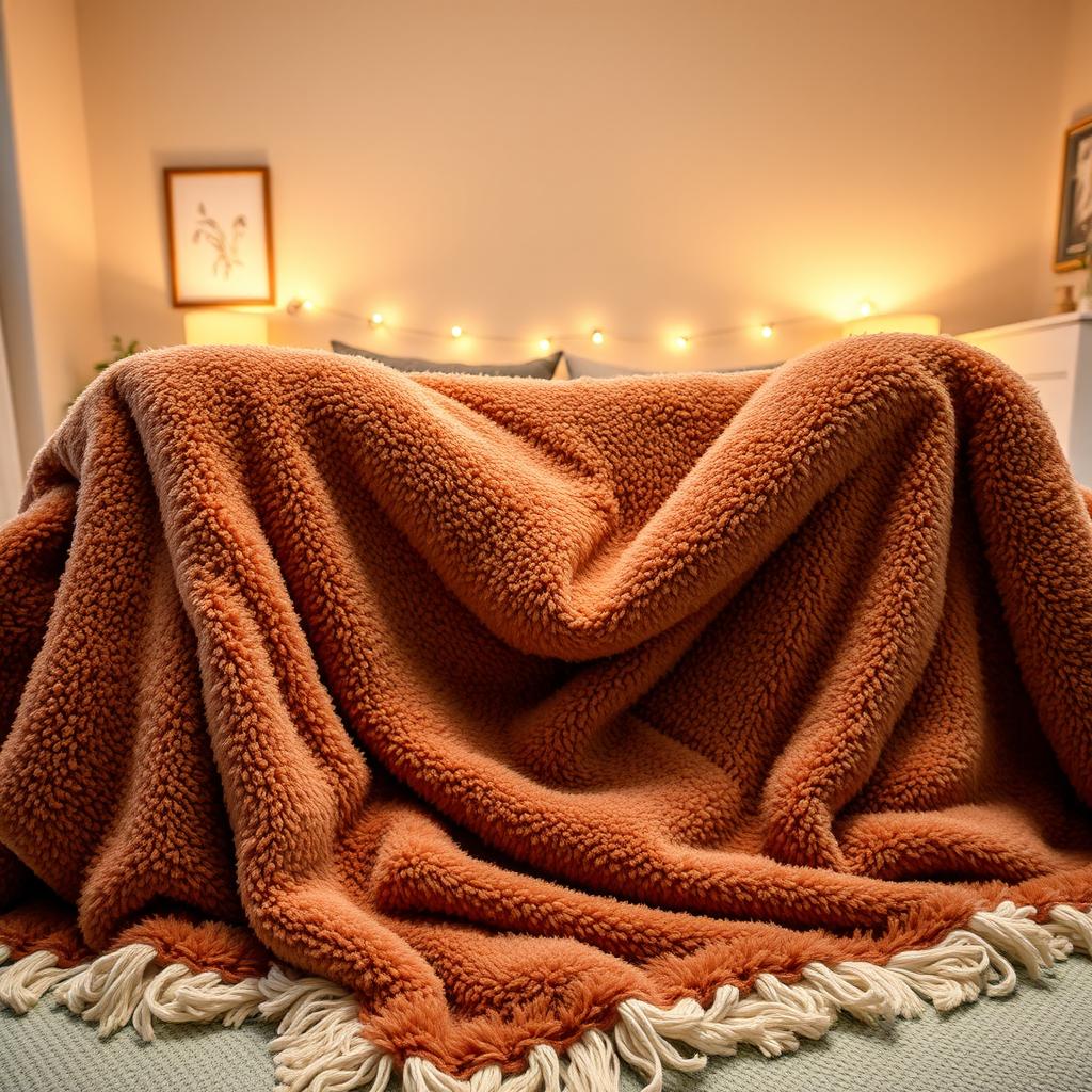 A beautifully extended photograph of a cozy bedroom scene featuring a plush blanket elegantly draped across the top and bottom of the image