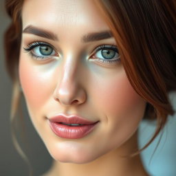 A close-up of a beautiful woman's face with flawless skin, perfectly styled hair that looks shiny and healthy, against a soft blurred background