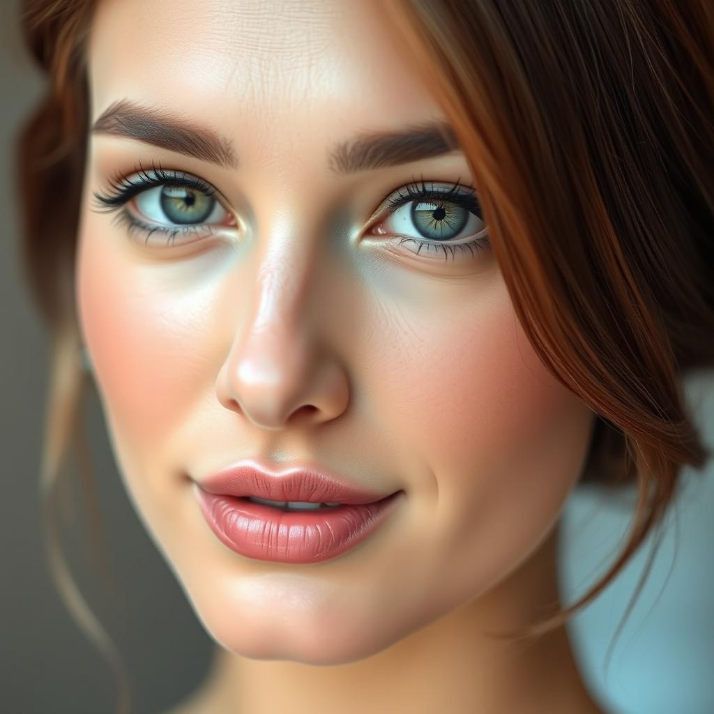 A close-up of a beautiful woman's face with flawless skin, perfectly styled hair that looks shiny and healthy, against a soft blurred background