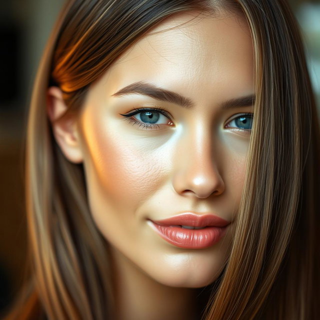 A close-up of a beautiful woman's face with flawless skin, perfectly styled hair that looks shiny and healthy, against a soft blurred background
