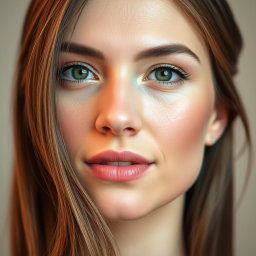 A close-up of a beautiful woman's face with flawless skin, perfectly styled hair that looks shiny and healthy, against a soft blurred background