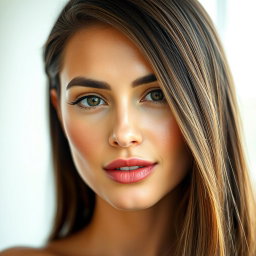 A close-up of a beautiful woman's face with flawless skin, perfectly styled hair that looks shiny and healthy, against a soft blurred background