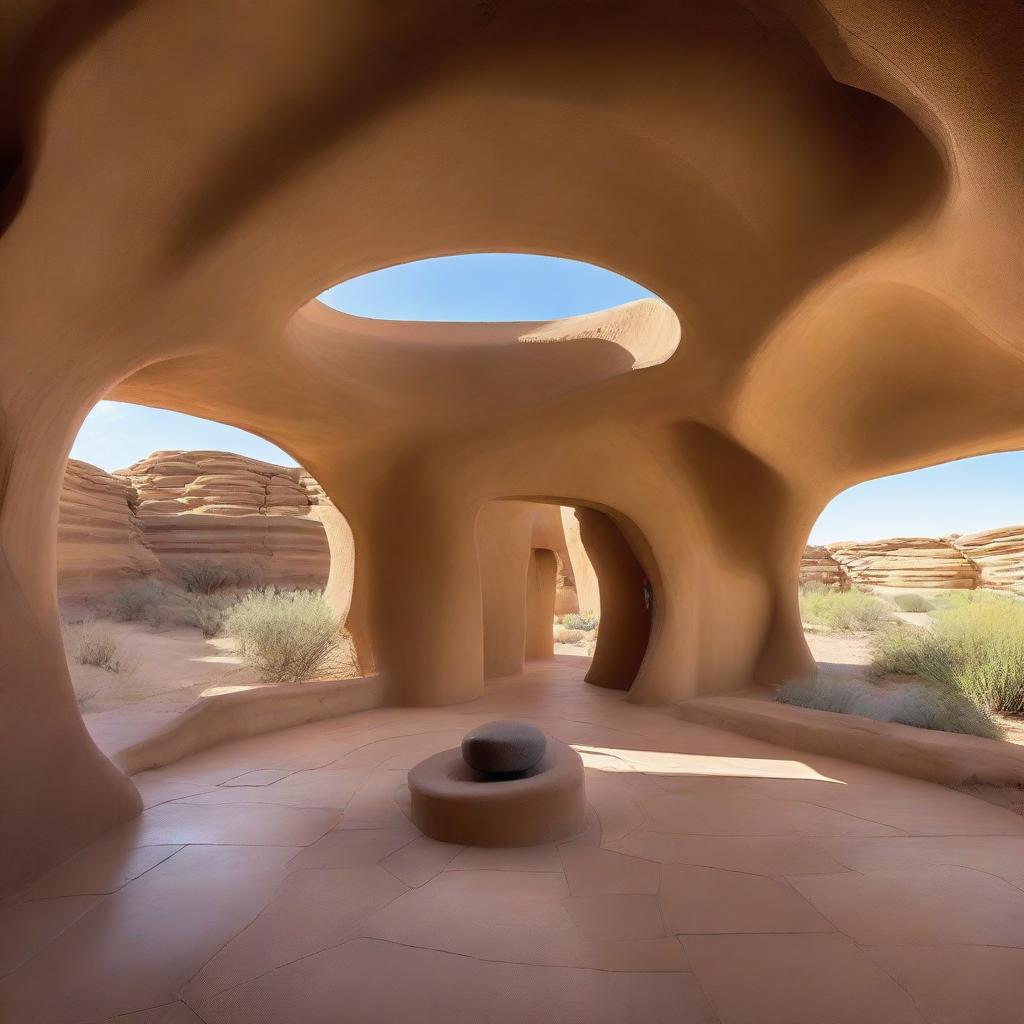 A remarkable architectural masterpiece constructed of sandstone, nestled within the wide expanses of a desert, demonstrating avant-garde design approaches.