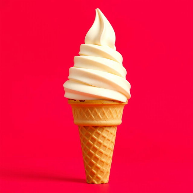 A delectable soft serve ice cream cone placed prominently in the center of the image, with a rich, creamy swirl of vanilla ice cream delicately piled high, glistening with a light sheen