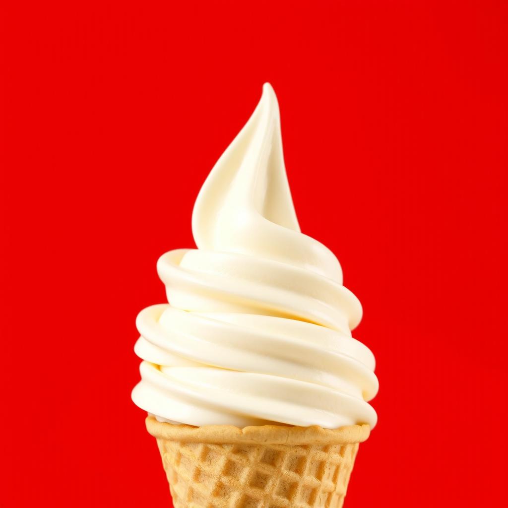 A delectable soft serve ice cream cone placed prominently in the center of the image, with a rich, creamy swirl of vanilla ice cream delicately piled high, glistening with a light sheen
