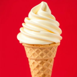 A delectable soft serve ice cream cone placed prominently in the center of the image, with a rich, creamy swirl of vanilla ice cream delicately piled high, glistening with a light sheen