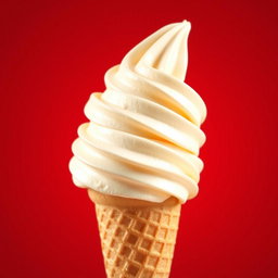A delectable soft serve ice cream cone placed prominently in the center of the image, with a rich, creamy swirl of vanilla ice cream delicately piled high, glistening with a light sheen