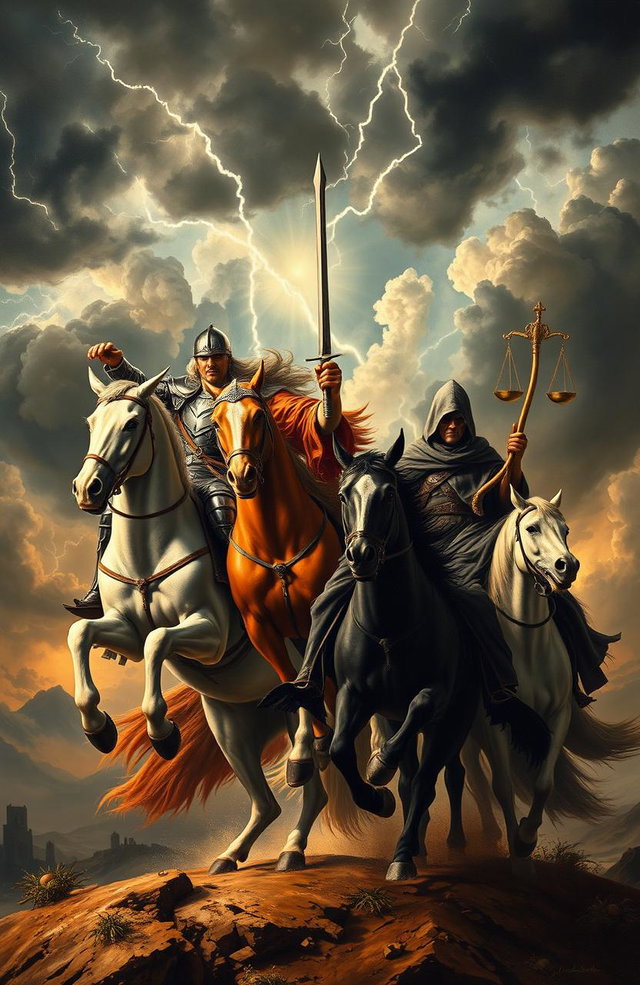 The Four Horsemen of the Apocalypse, depicted as powerful and terrifying figures