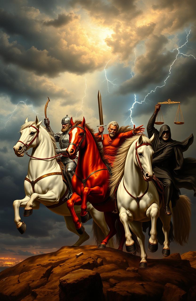 The Four Horsemen of the Apocalypse, depicted as powerful and terrifying figures