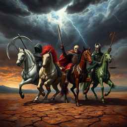 The Four Horsemen of the Apocalypse depicted in a dramatic landscape, featuring Death, War, Famine, and Pestilence