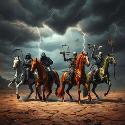 The Four Horsemen of the Apocalypse depicted in a dramatic landscape, featuring Death, War, Famine, and Pestilence