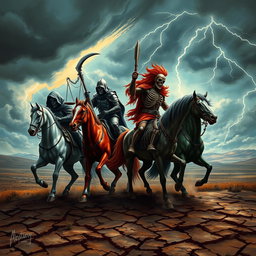 The Four Horsemen of the Apocalypse depicted in a dramatic landscape, featuring Death, War, Famine, and Pestilence