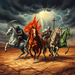 The Four Horsemen of the Apocalypse depicted in a dramatic landscape, featuring Death, War, Famine, and Pestilence