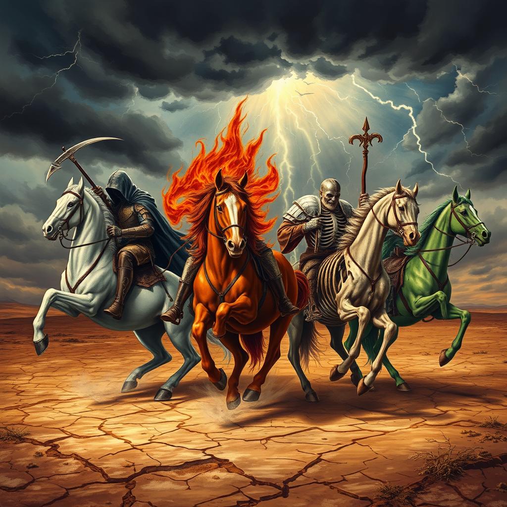 The Four Horsemen of the Apocalypse depicted in a dramatic landscape, featuring Death, War, Famine, and Pestilence