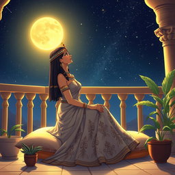 An enchanting animated-style illustration of Cleopatra gazing at the stars in a serene night sky