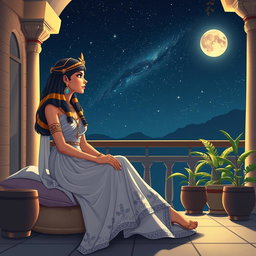 An enchanting animated-style illustration of Cleopatra gazing at the stars in a serene night sky