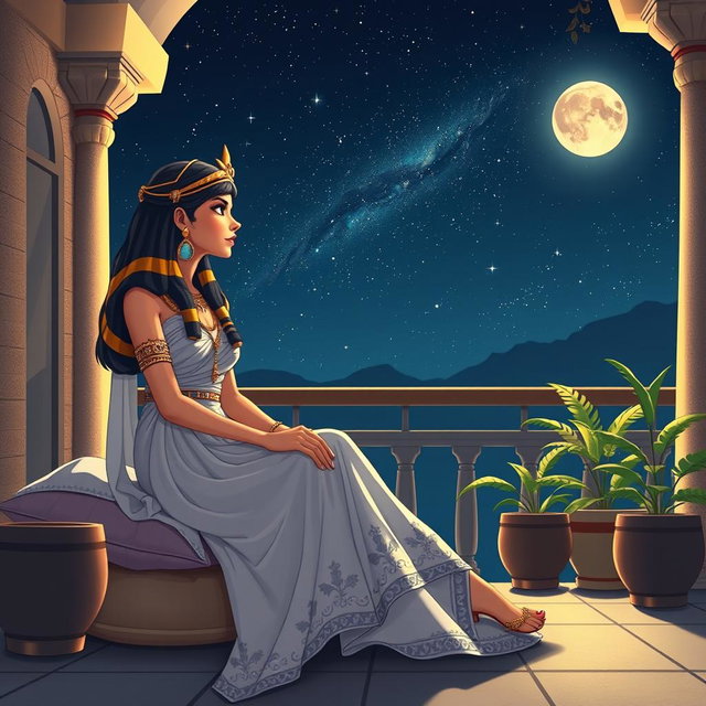 An enchanting animated-style illustration of Cleopatra gazing at the stars in a serene night sky