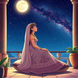 An enchanting animated-style illustration of Cleopatra gazing at the stars in a serene night sky