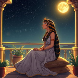 An enchanting animated-style illustration of Cleopatra gazing at the stars in a serene night sky