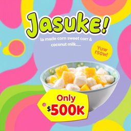 A vibrant and eye-catching promotional poster for a food item called 'Jasuke', featuring an appetizing display of the dish made with sweet corn and coconut milk