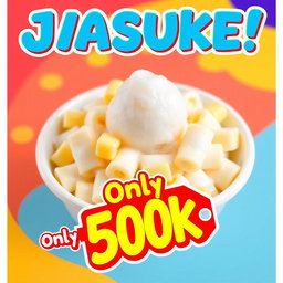 A vibrant and eye-catching promotional poster for a food item called 'Jasuke', featuring an appetizing display of the dish made with sweet corn and coconut milk
