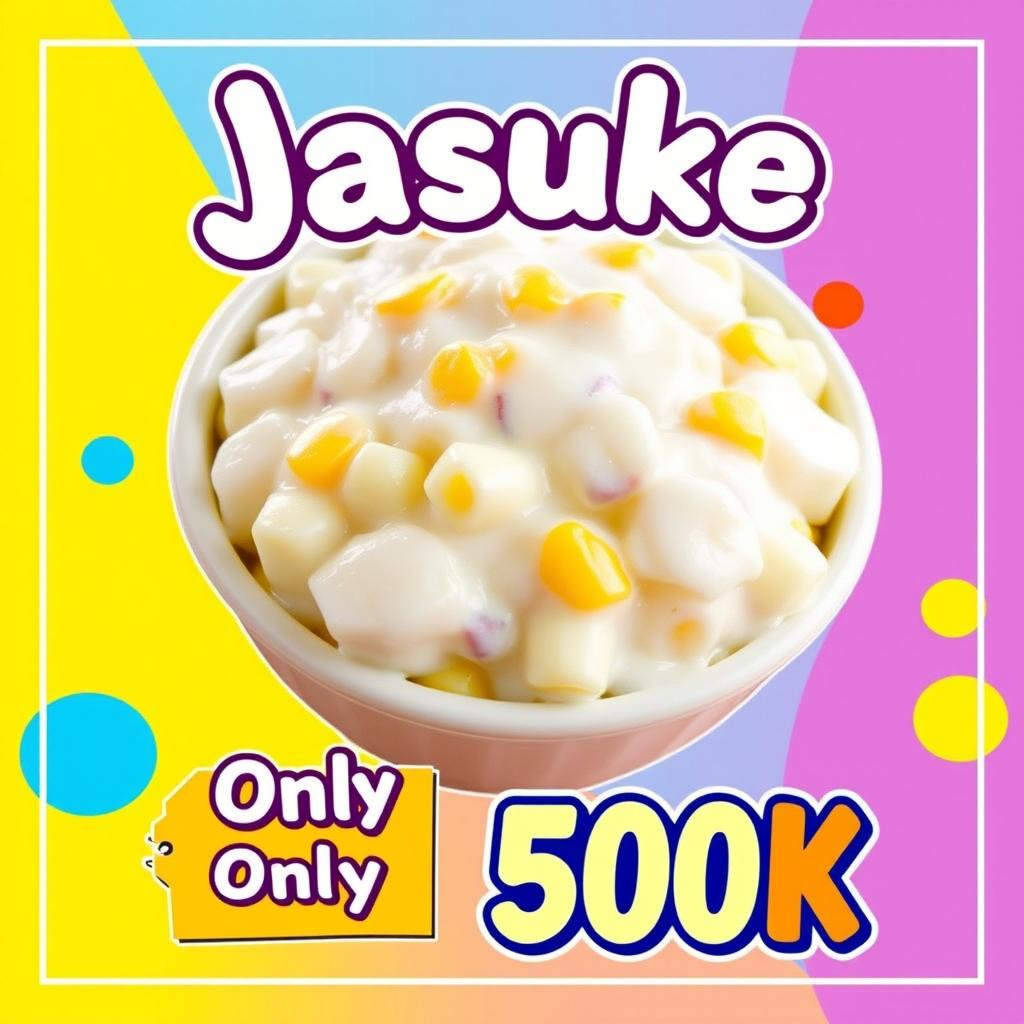A vibrant and eye-catching promotional poster for a food item called 'Jasuke', featuring an appetizing display of the dish made with sweet corn and coconut milk