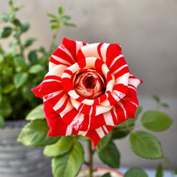 A vibrant close-up of a single, striking rose featuring a unique, zebra-like pattern with vibrant red and white stripes across its petals