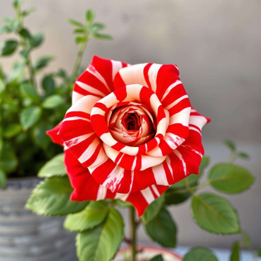 A vibrant close-up of a single, striking rose featuring a unique, zebra-like pattern with vibrant red and white stripes across its petals
