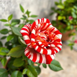 A vibrant close-up of a single, striking rose featuring a unique, zebra-like pattern with vibrant red and white stripes across its petals