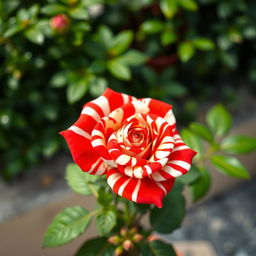 A vibrant close-up of a single, striking rose featuring a unique, zebra-like pattern with vibrant red and white stripes across its petals