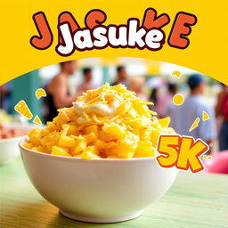 A vibrant poster promoting Jasuke, a popular Indonesian street food made from corn, featuring a delicious bowl of Jasuke topped generously with grated cheese, mayonnaise, and a hint of chili sauce