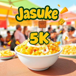 A vibrant poster promoting Jasuke, a popular Indonesian street food made from corn, featuring a delicious bowl of Jasuke topped generously with grated cheese, mayonnaise, and a hint of chili sauce