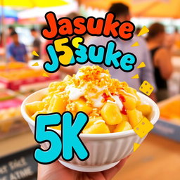 A vibrant poster promoting Jasuke, a popular Indonesian street food made from corn, featuring a delicious bowl of Jasuke topped generously with grated cheese, mayonnaise, and a hint of chili sauce