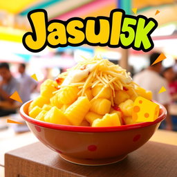 A vibrant poster promoting Jasuke, a popular Indonesian street food made from corn, featuring a delicious bowl of Jasuke topped generously with grated cheese, mayonnaise, and a hint of chili sauce